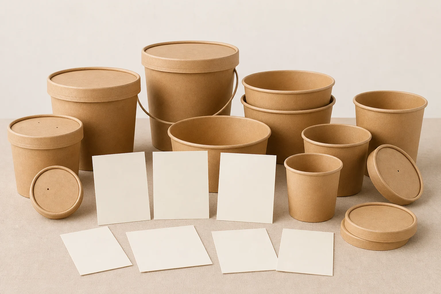 Empty unbranded pails bowls cups and lids arranged for component specification review