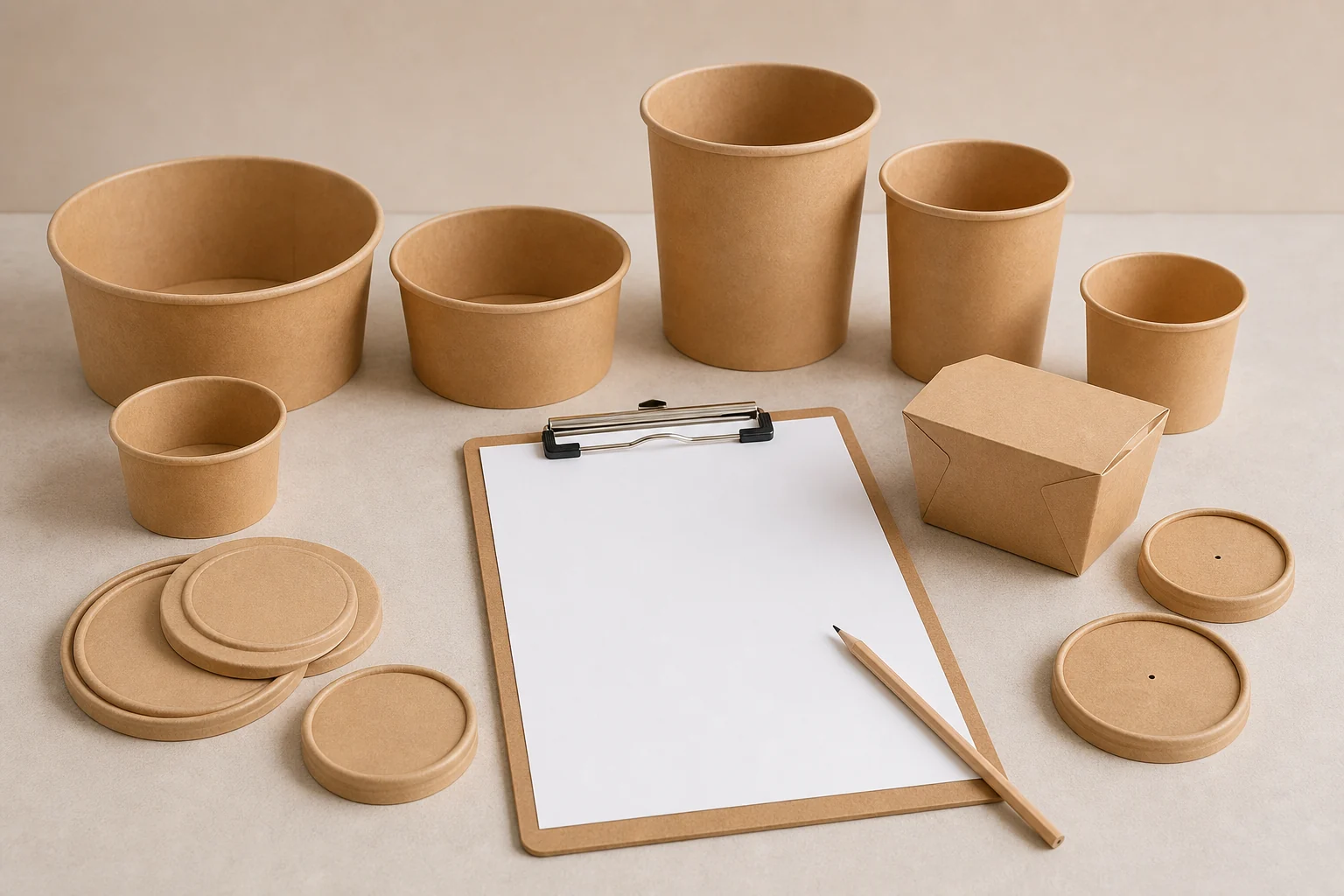 Empty unbranded food container and lid samples with blank review materials for buyer trials