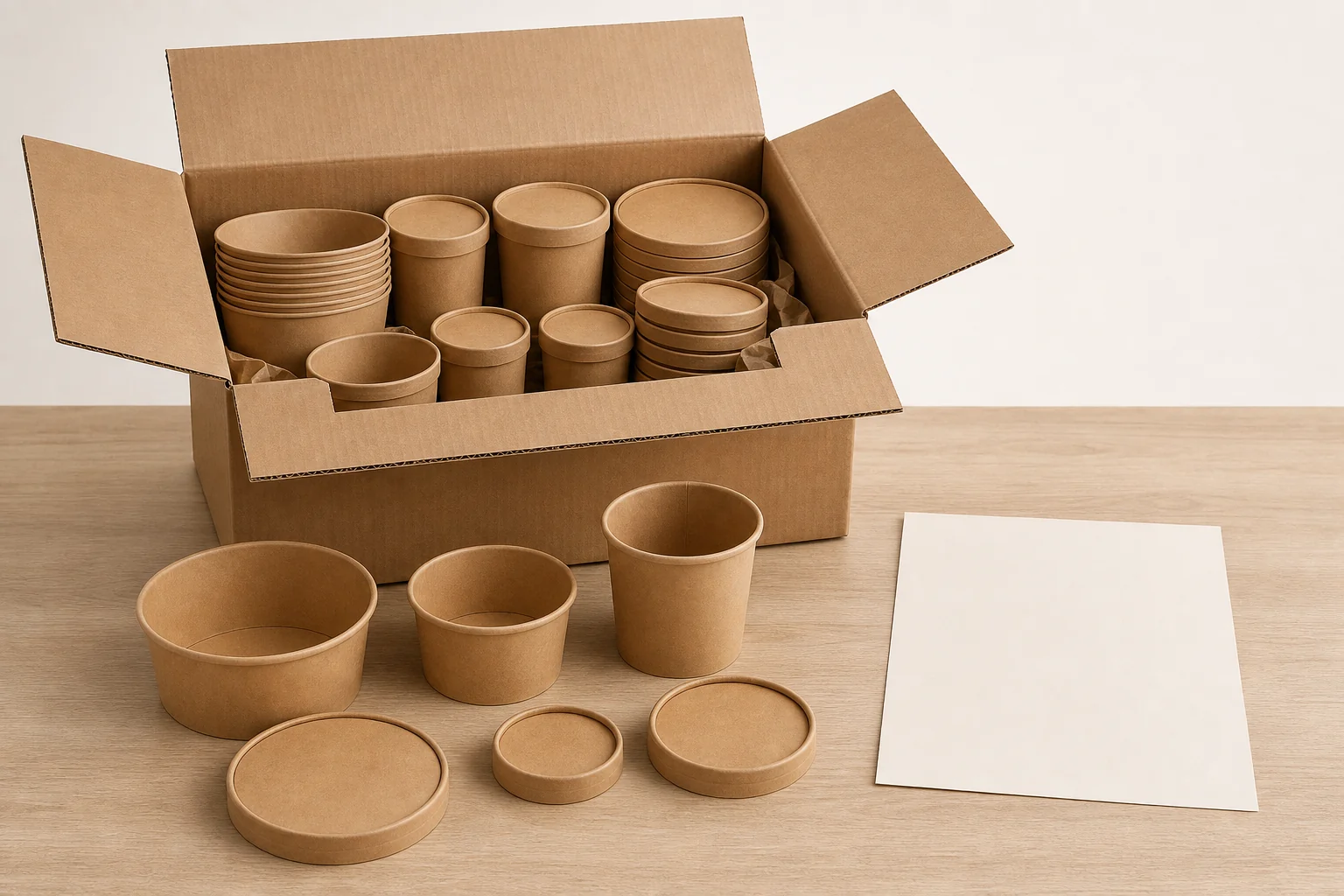 Open plain carton and unbranded pails bowls cups and lids staged for receiving inspection