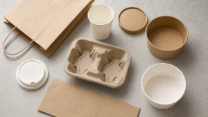 Empty unbranded food packaging components arranged for disposal route review