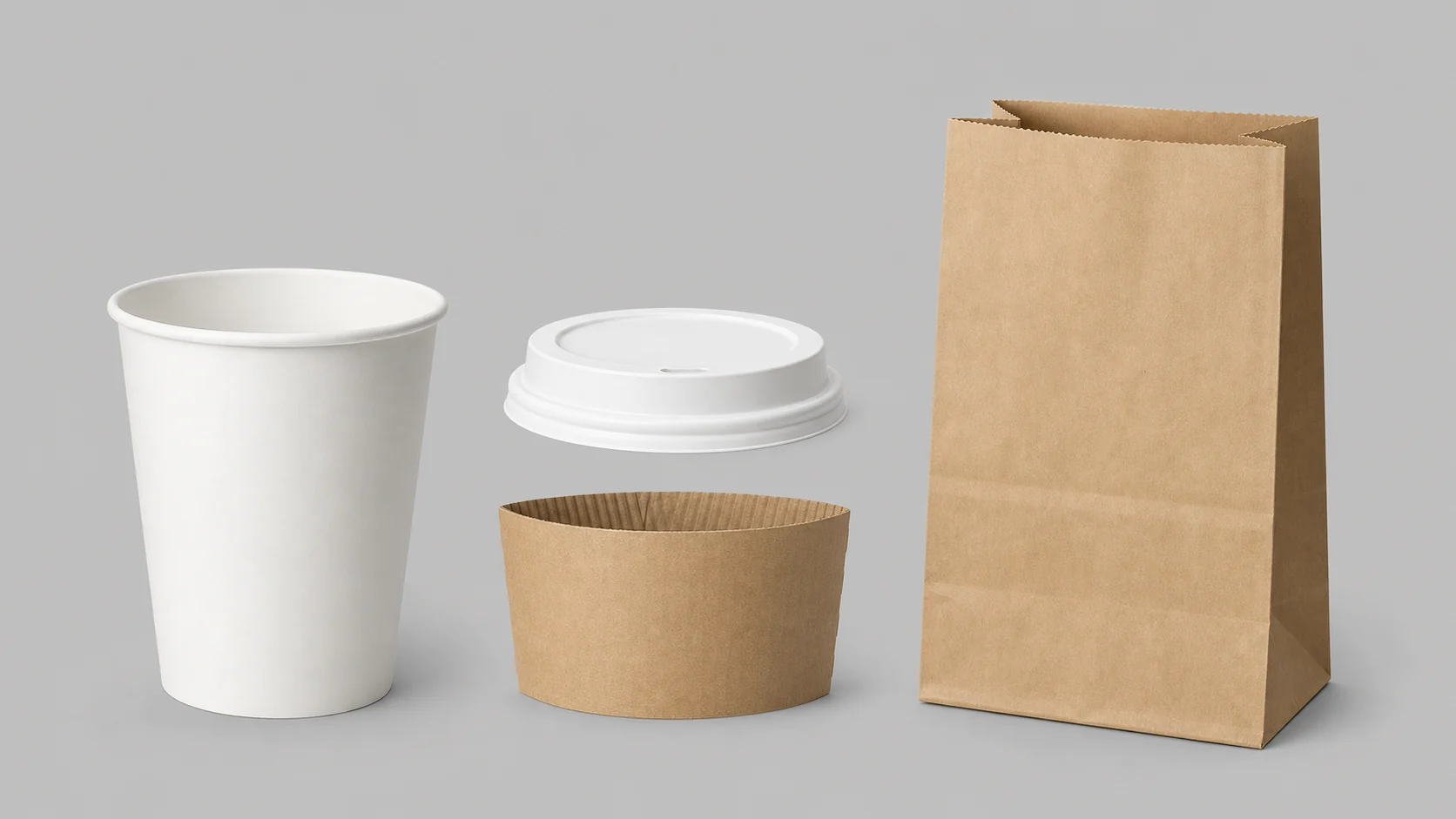 Empty unbranded food packaging container cup lid and sleeve arranged for component mapping