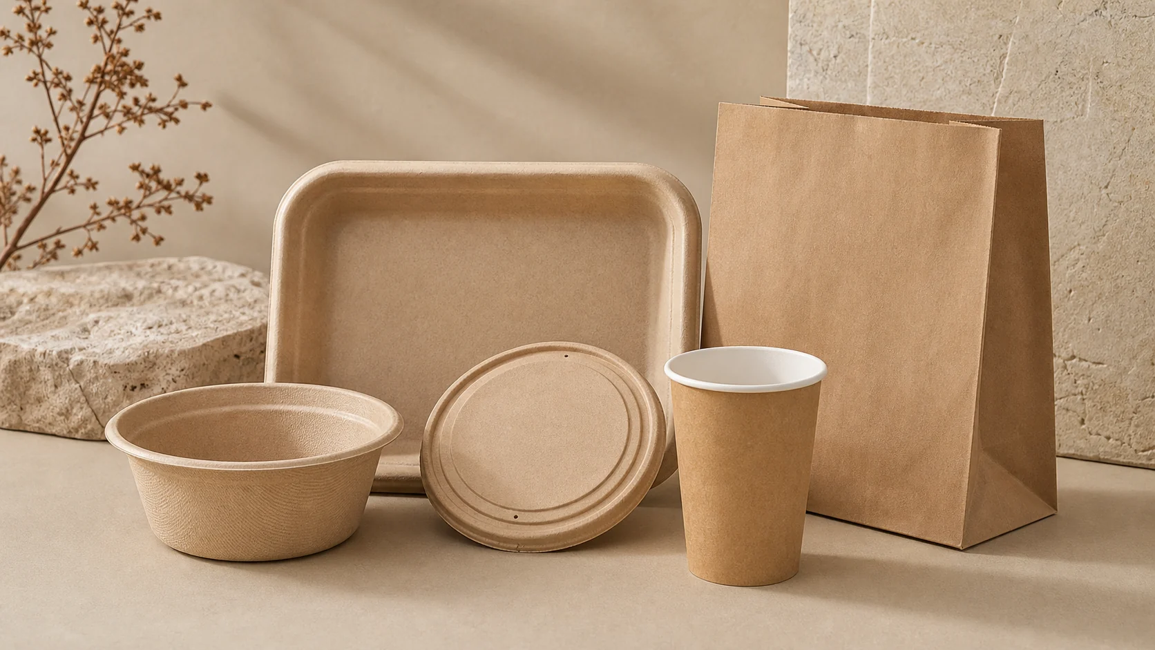 Empty unbranded molded fiber bowl tray and paper packaging components on a neutral surface