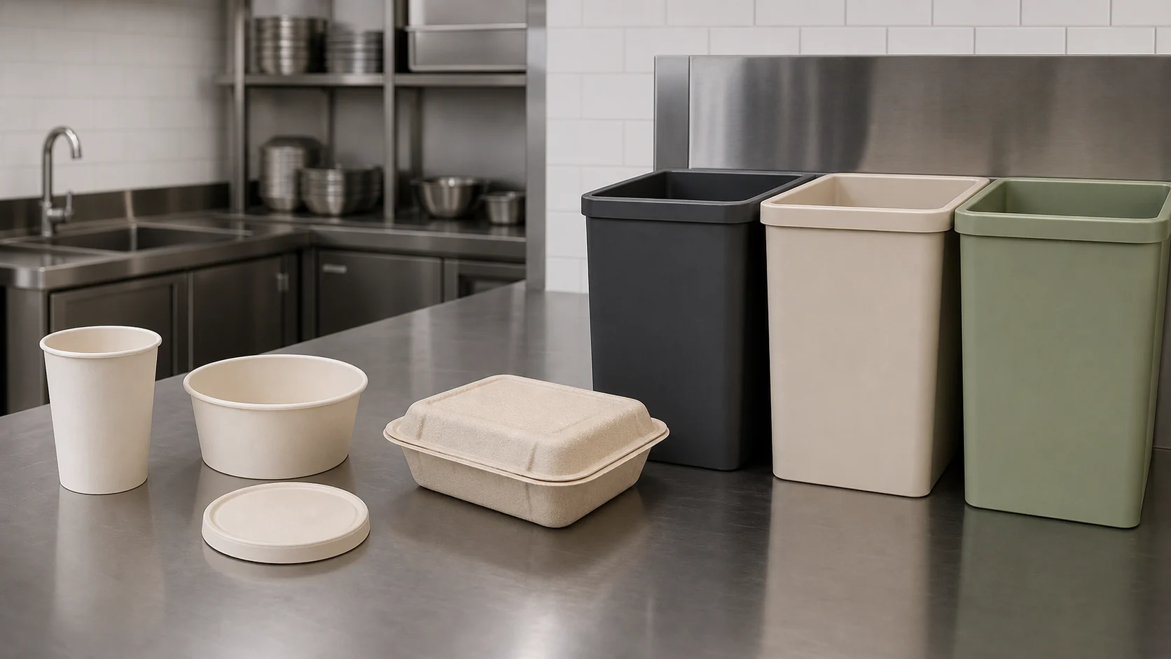Empty unbranded foodservice packaging components arranged near plain sorting bins without labels