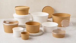 Empty paper bowl samples with matching plain lids for foodservice selection
