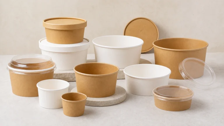 Empty paper bowl samples with matching plain lids for foodservice selection