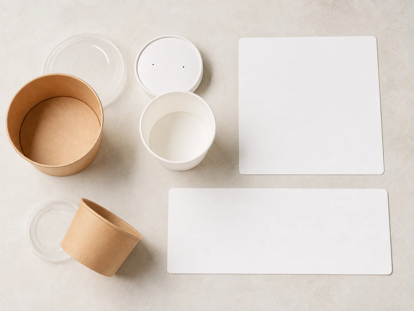Empty paper foodservice bowls arranged with blank menu route cards