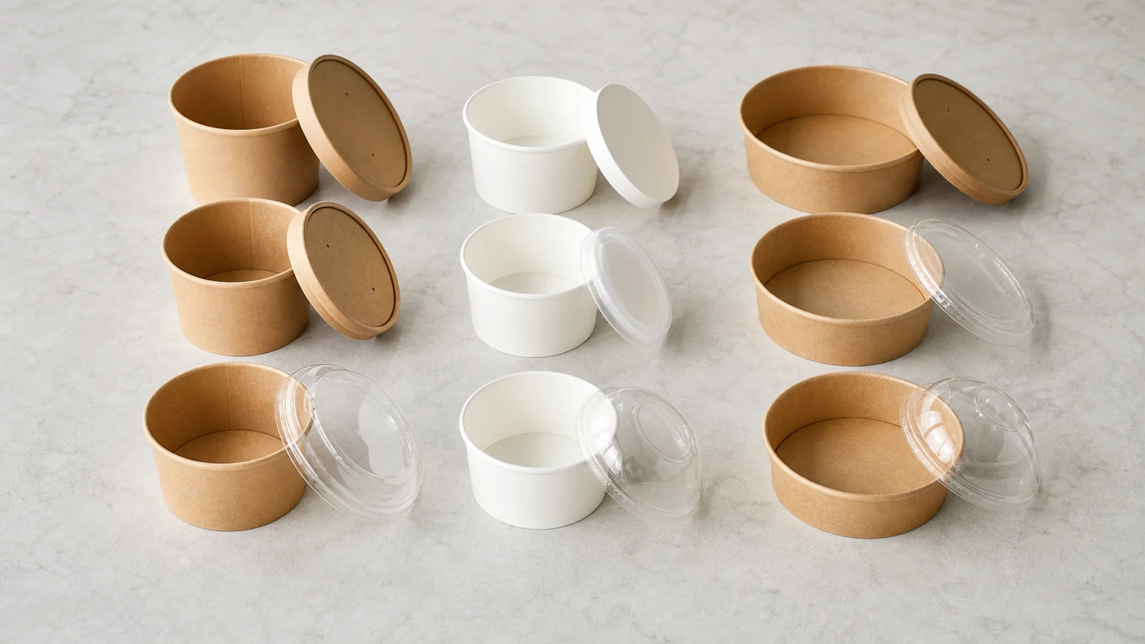 Paper bowl rim and lid sample pairs arranged for foodservice review