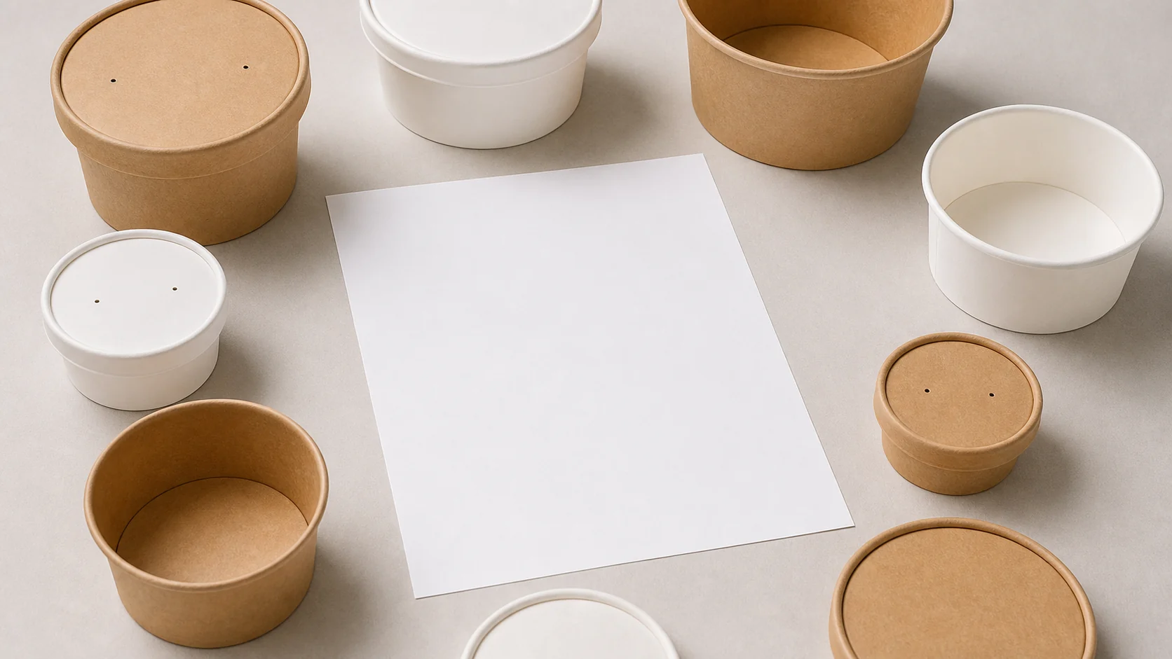 Paper bowl and lid samples beside a blank implementation record sheet