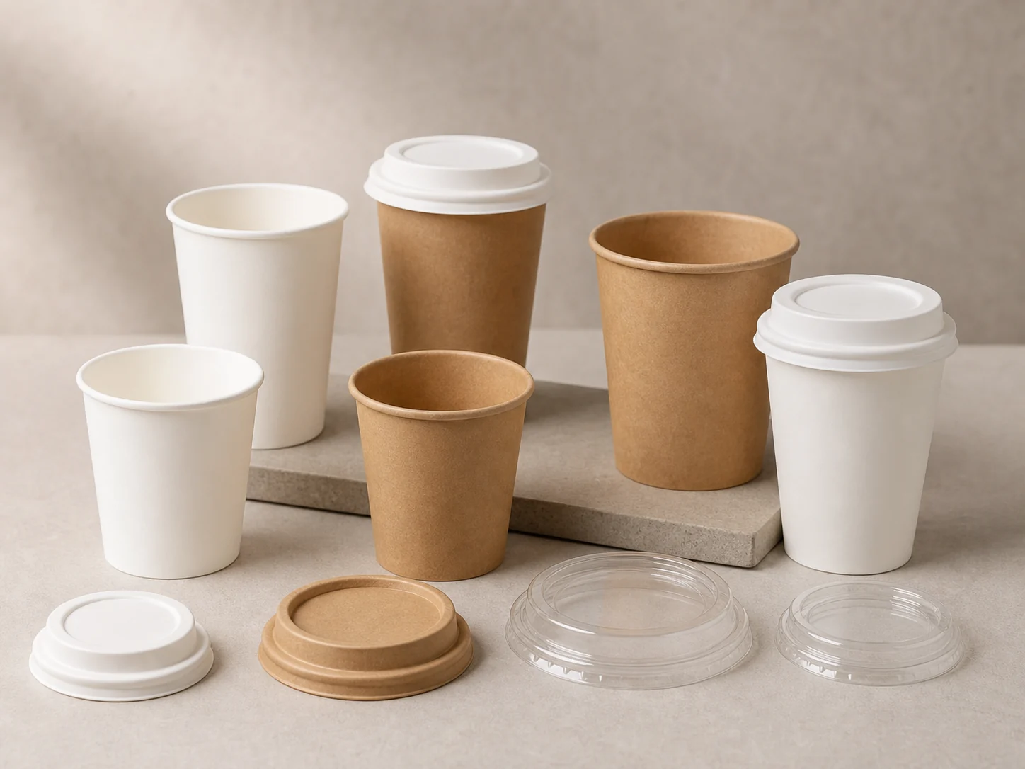 Paper cup rims and plain lids arranged as paired physical samples
