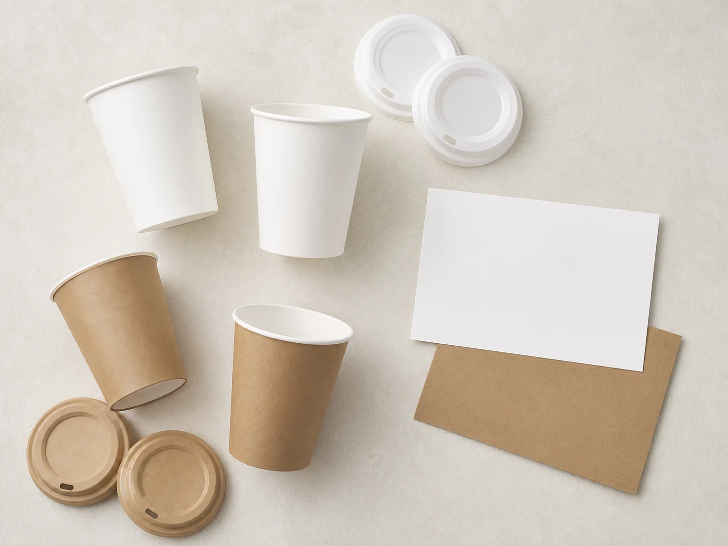Empty paper cup samples and plain material cards for buyer review