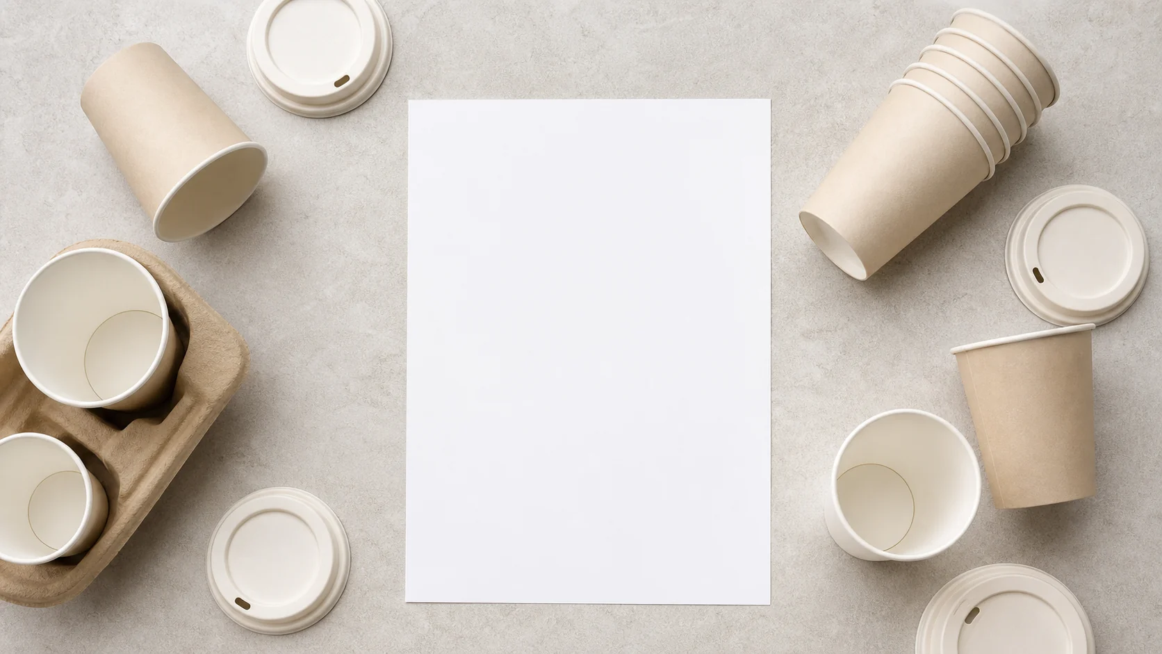 Paper cup and lid samples beside a blank sourcing record sheet