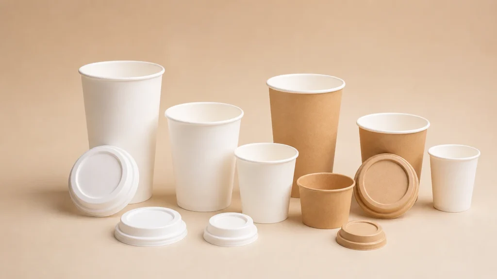 Empty unbranded paper cup samples arranged as a barrier-system review family