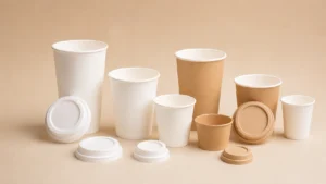 Empty unbranded paper cup samples arranged as a barrier-system review family