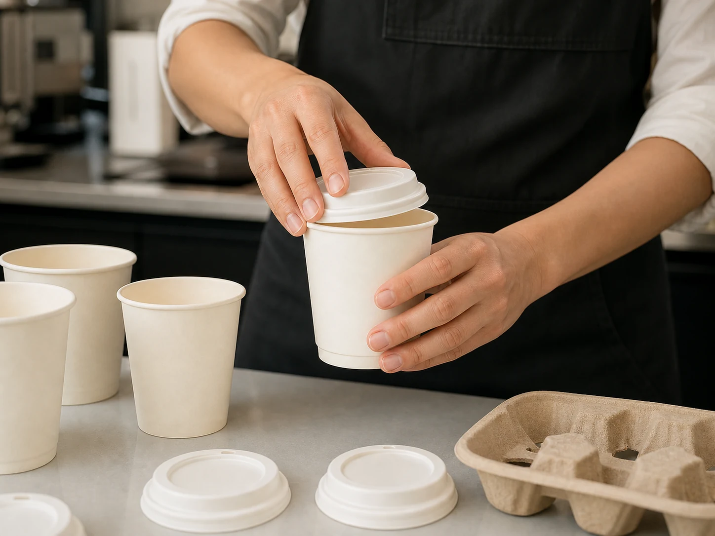 Foodservice team validating paper cup and lid samples before ordering