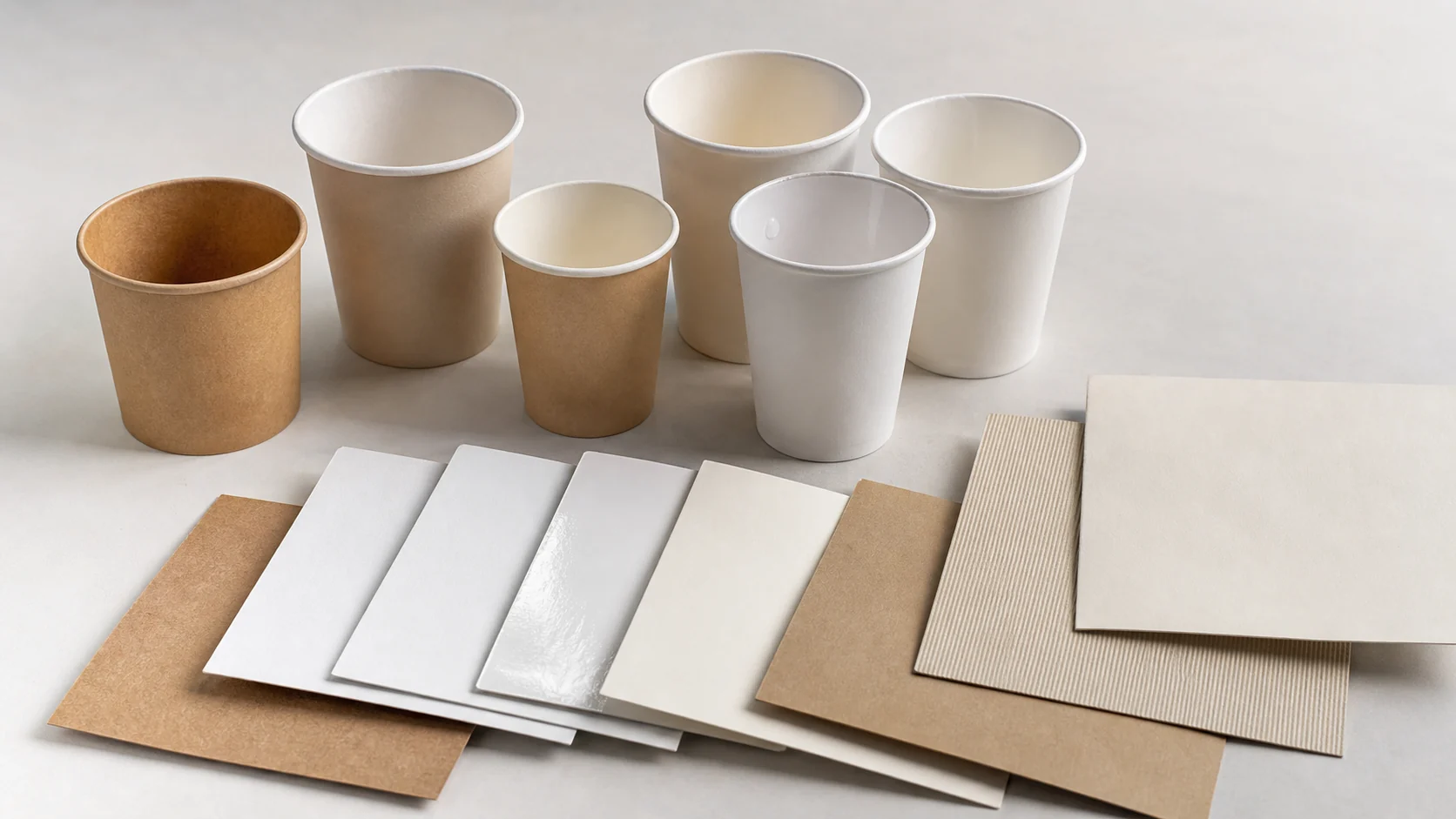 Unbranded paper cup material samples showing different barrier coating contexts