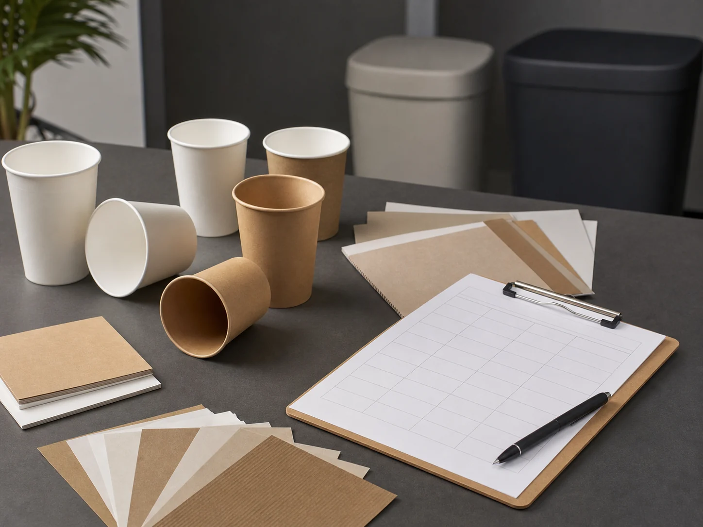 Foodservice packaging buyer reviewing cup documentation with collection workflow