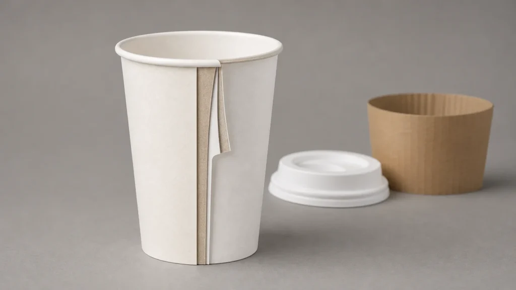 Paper cup cross section showing paperboard coating seam and print layers