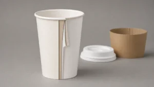Paper cup cross section showing paperboard coating seam and print layers