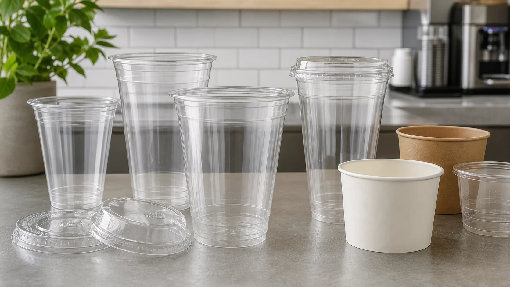 PLA cups and lids arranged for foodservice sample review