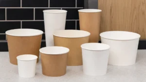 Empty unbranded popcorn buckets in generic cinema service formats