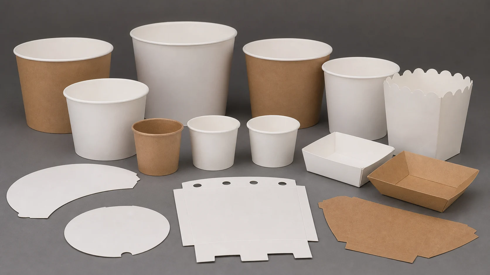 Empty unbranded paper popcorn buckets and plain container components
