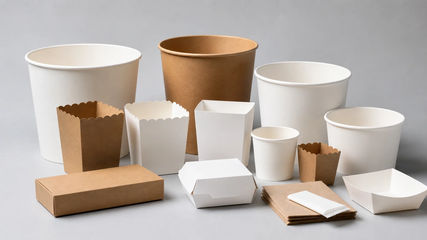 Empty unbranded popcorn buckets and generic concession packaging components