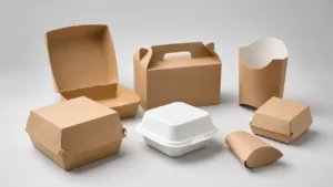 Empty unbranded burger boxes and paper packaging formats