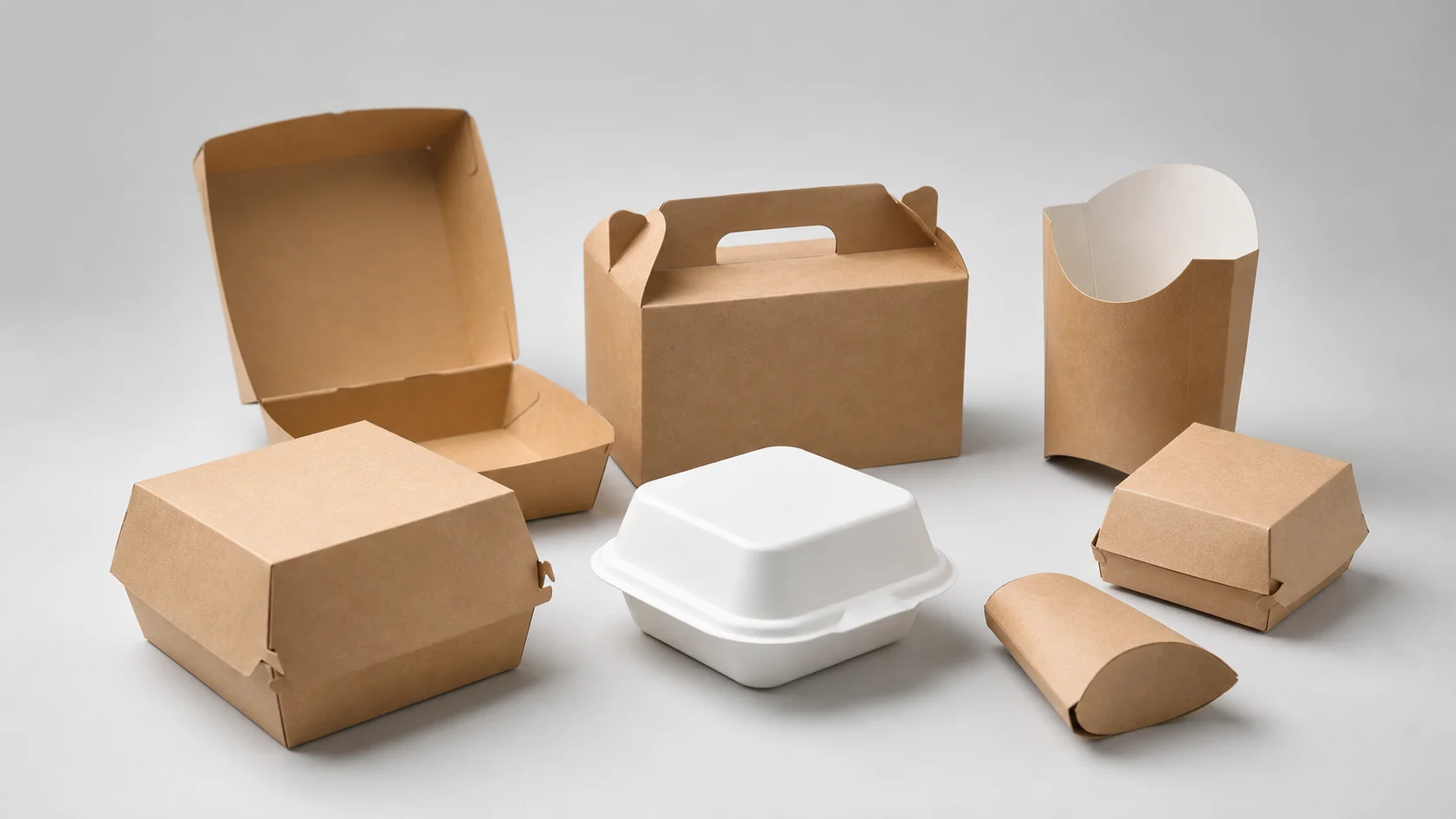 Empty unbranded burger boxes and paper packaging formats