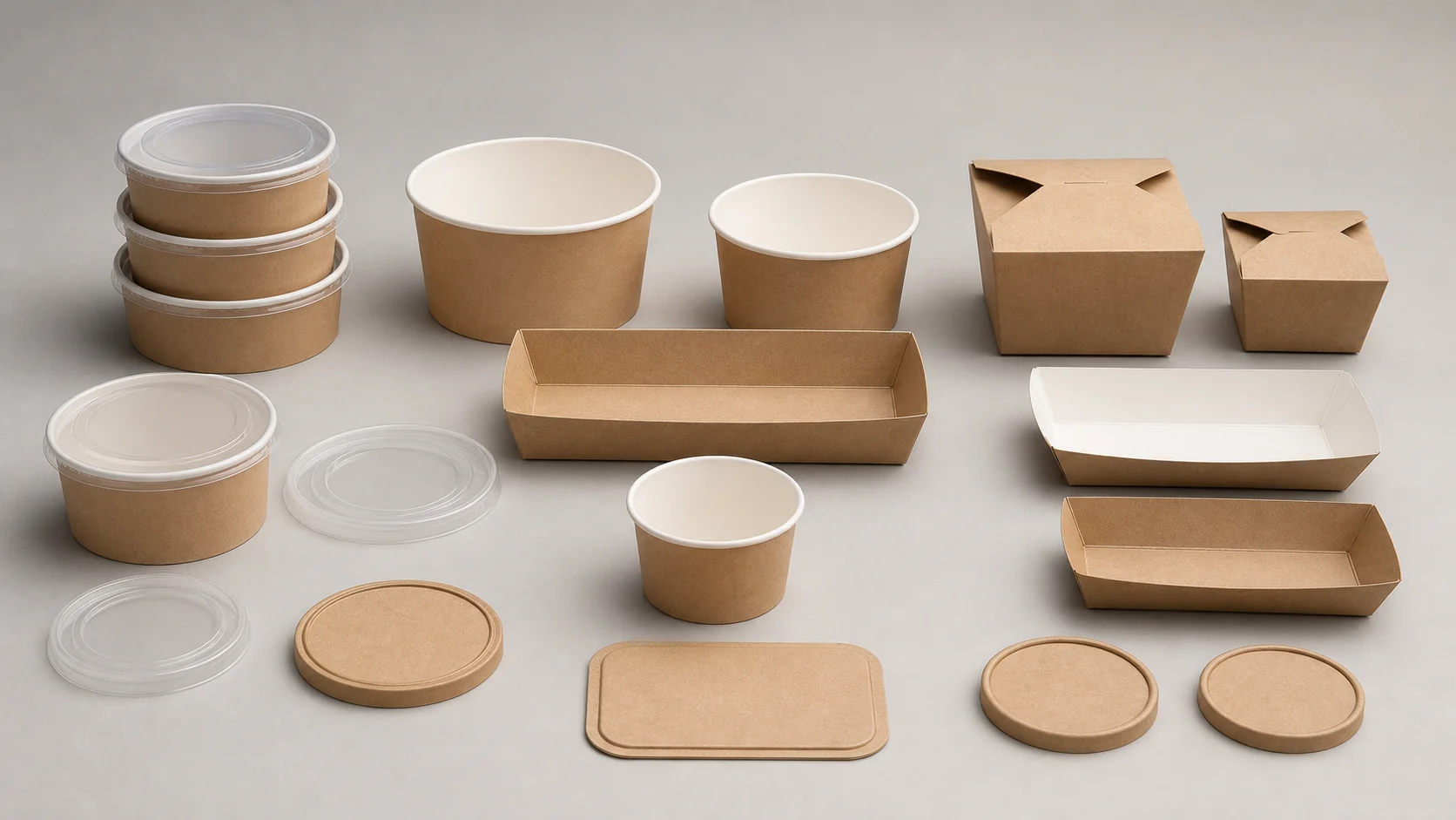 Empty unbranded paper meal containers and lids arranged for component review