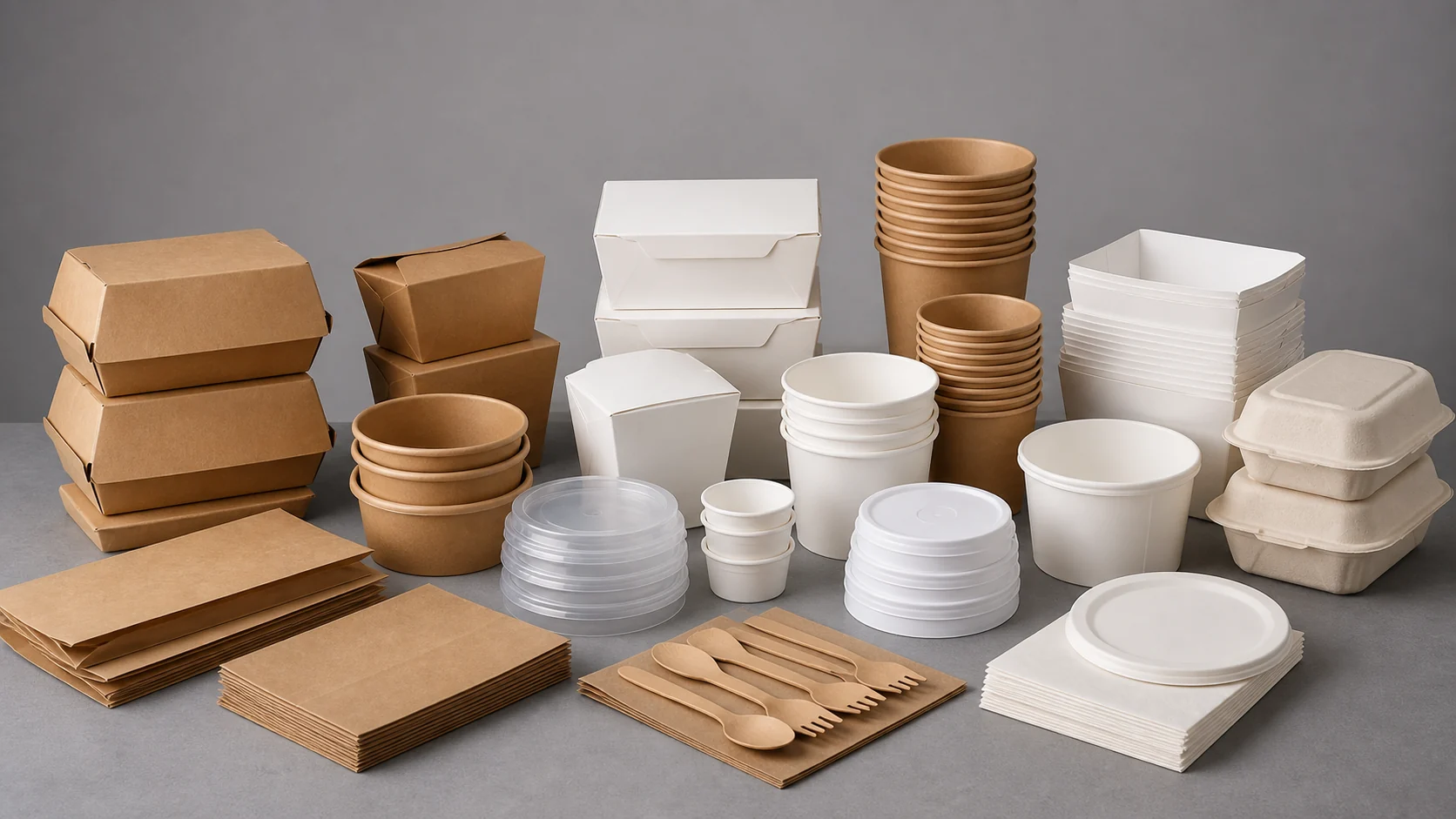 Empty unbranded stacked QSR food containers organized for service review
