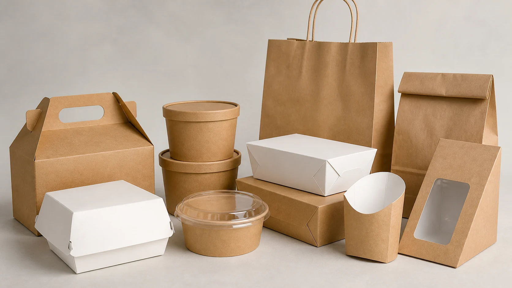 Empty unbranded QSR containers with plain paper bags for delivery order review