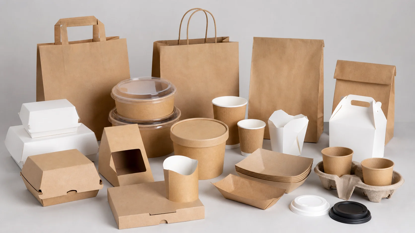 Empty unbranded QSR packaging samples arranged for buyer approval