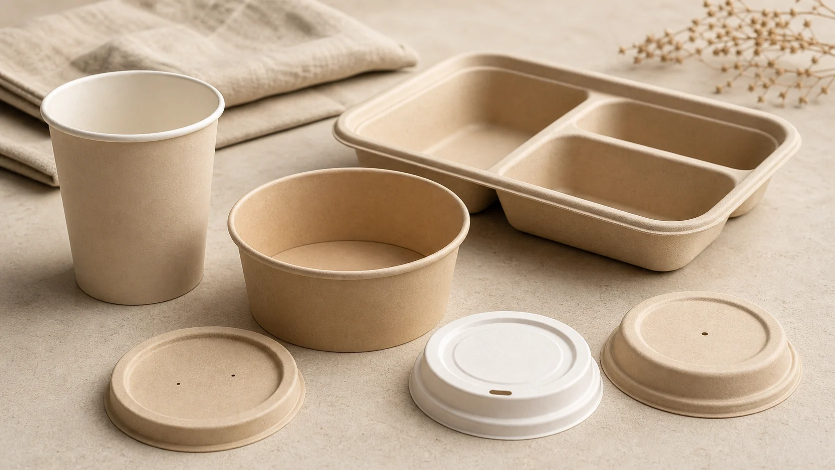 Empty unbranded paper cup paper bowl molded fiber tray and plain lids arranged for material review