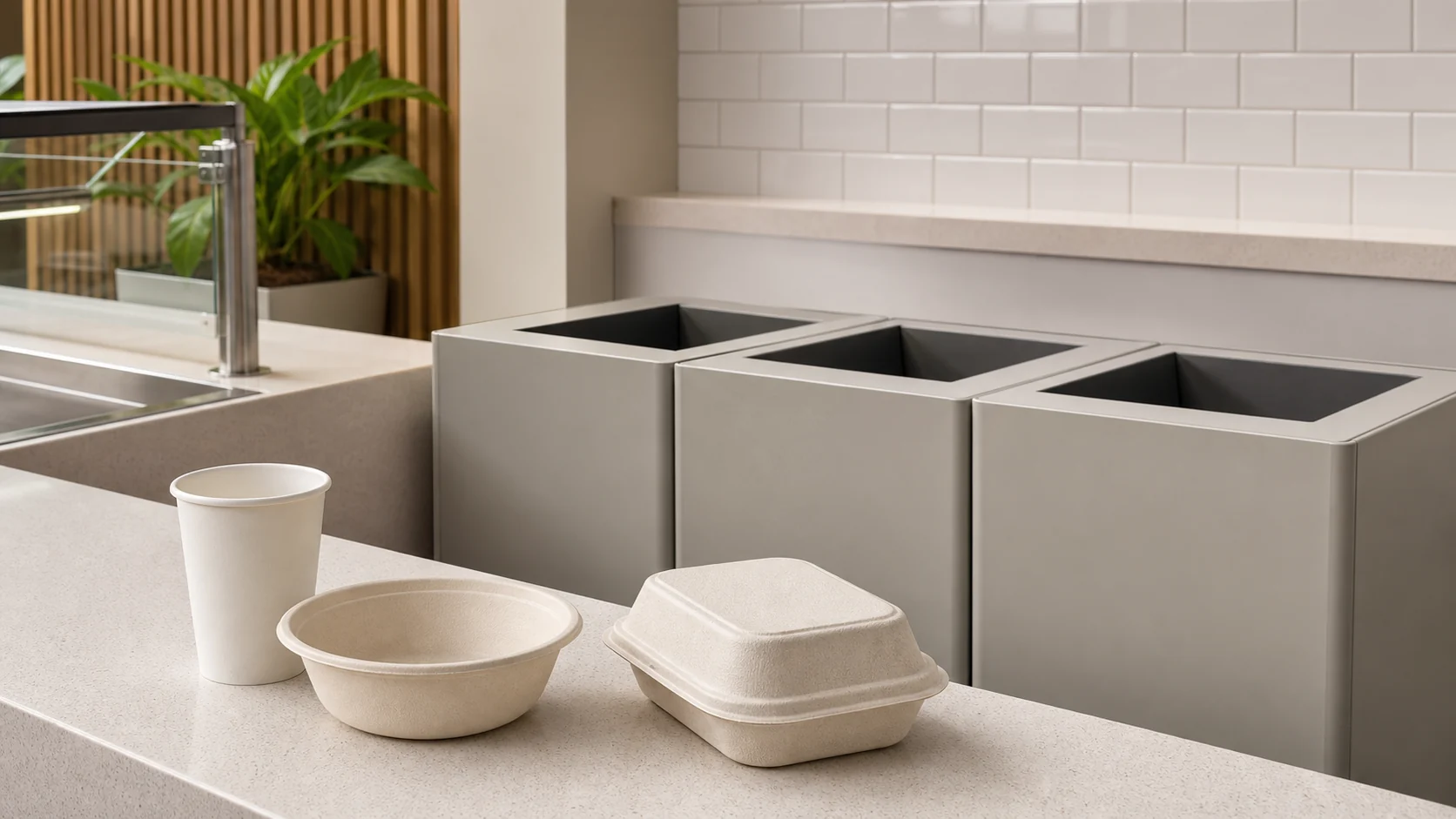 Empty unbranded foodservice packaging near neutral unlabelled sorting bins in a clean service area