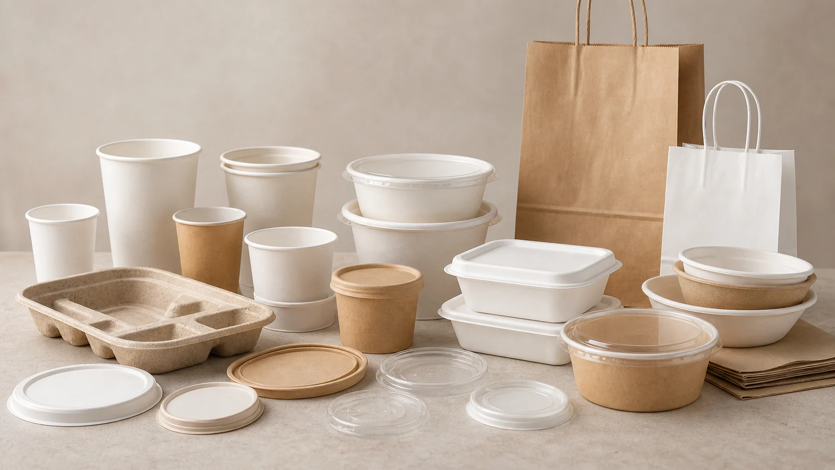 Empty unbranded food packaging samples with cups bowls lids and bags arranged for buyer documentation review