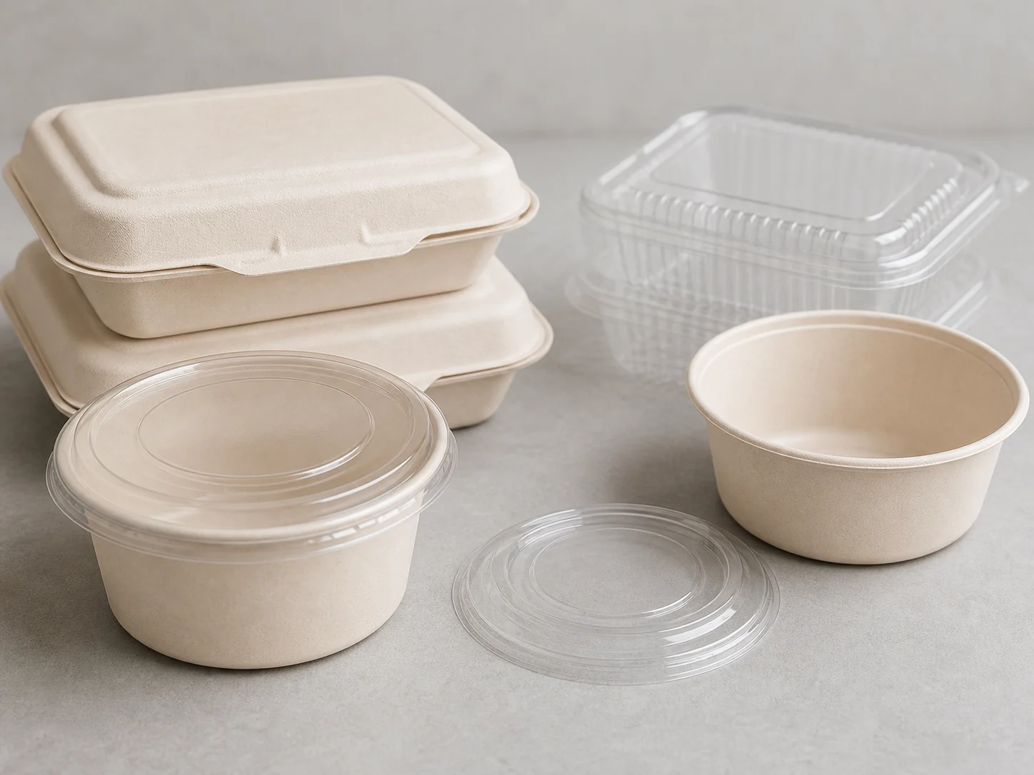 Unbranded restaurant container and lid samples prepared for closure review