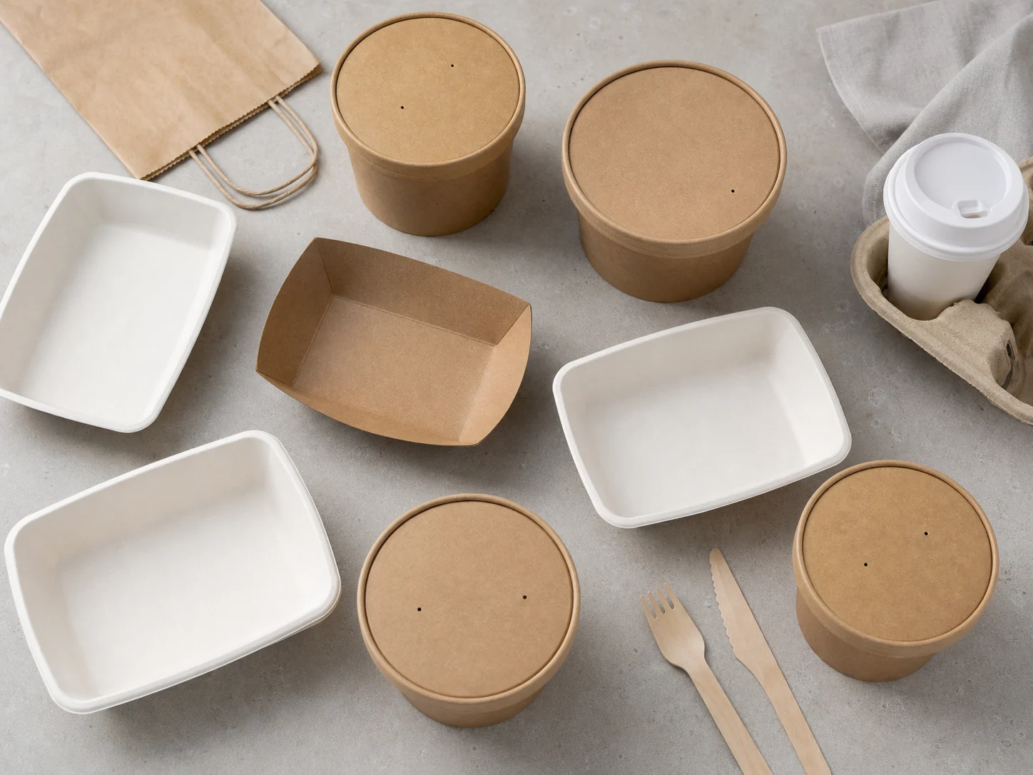 Unbranded restaurant container samples grouped for menu-state review