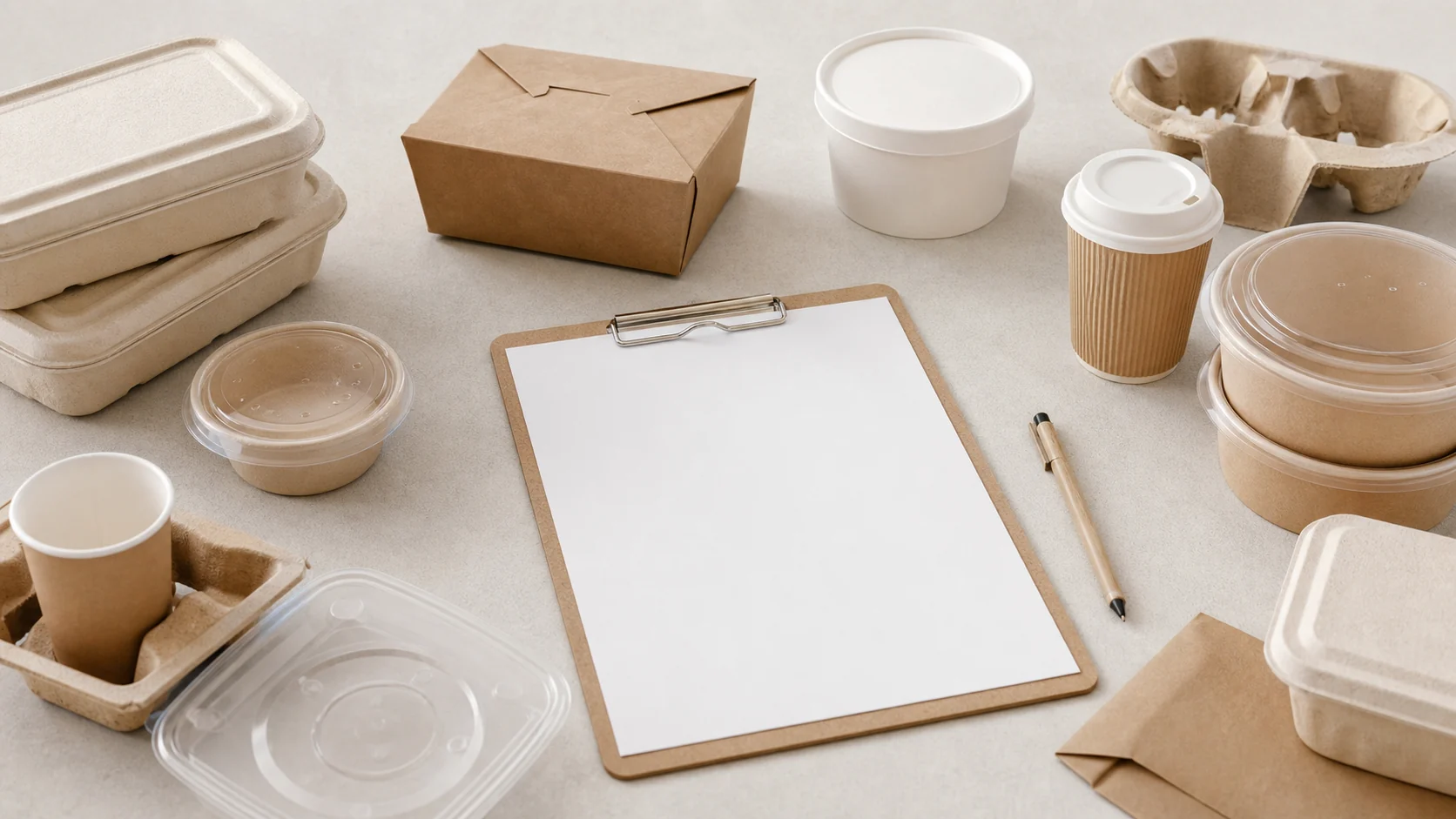 Unbranded restaurant containers arranged for menu and service-route review