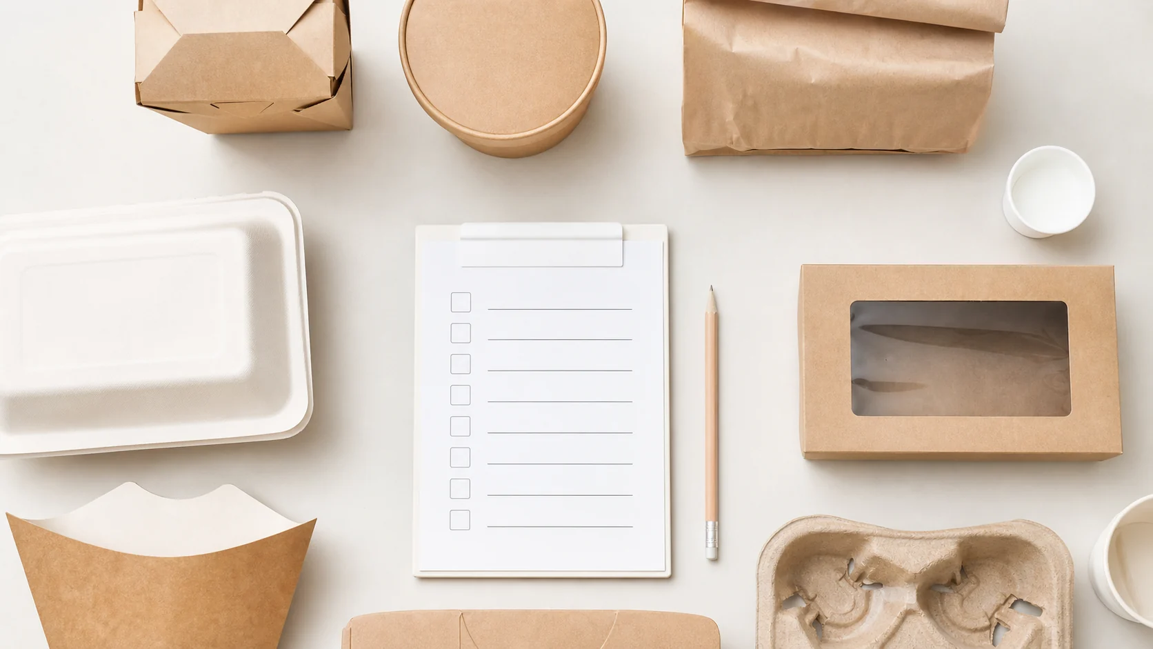 Unbranded food container samples beside a blank restaurant packaging validation brief