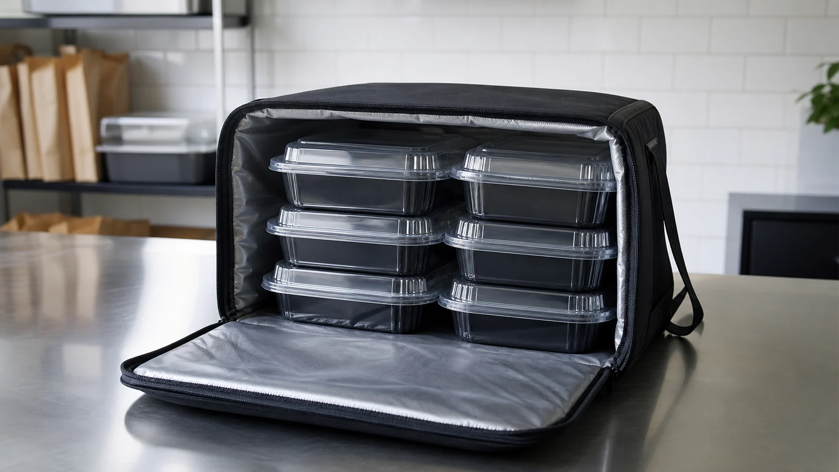 Unbranded salad containers arranged in an insulated delivery bag.
