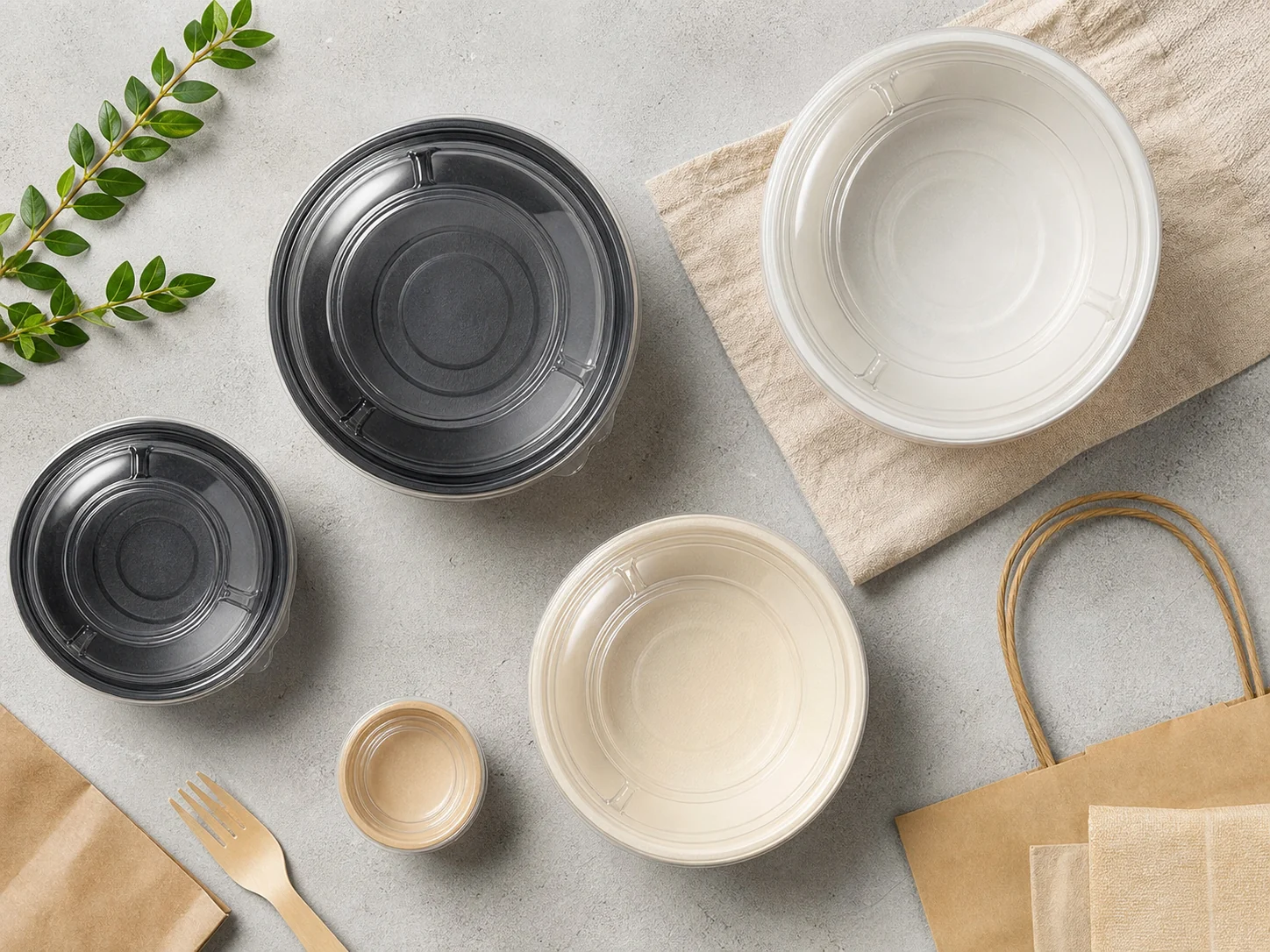 Unbranded salad container samples prepared for menu-state review.