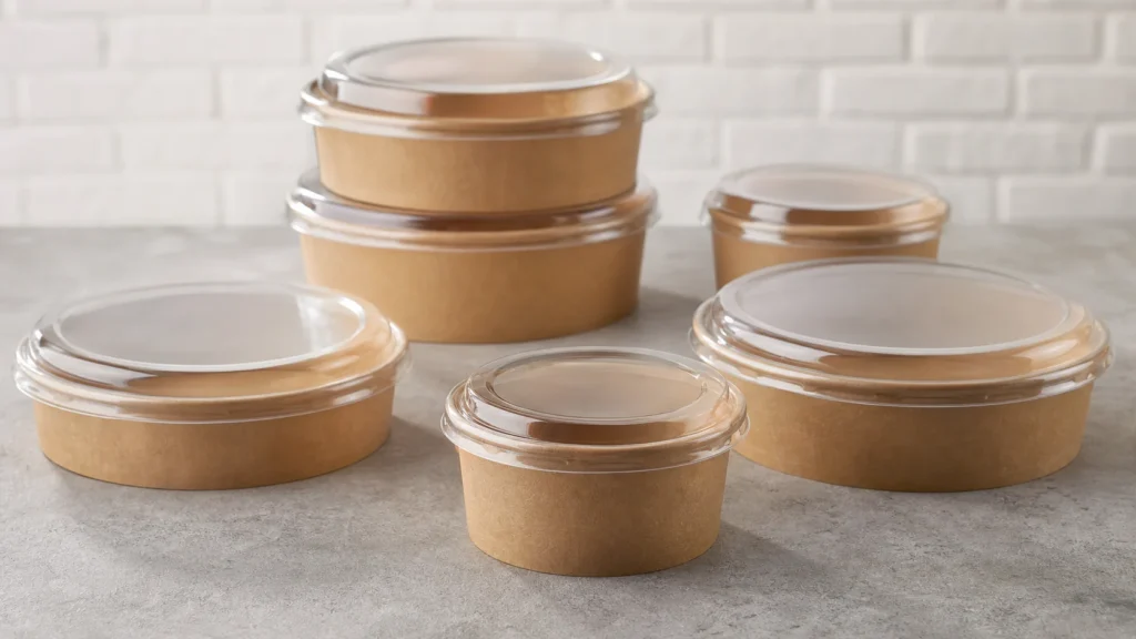 Unbranded salad containers and lids arranged for service-route review.