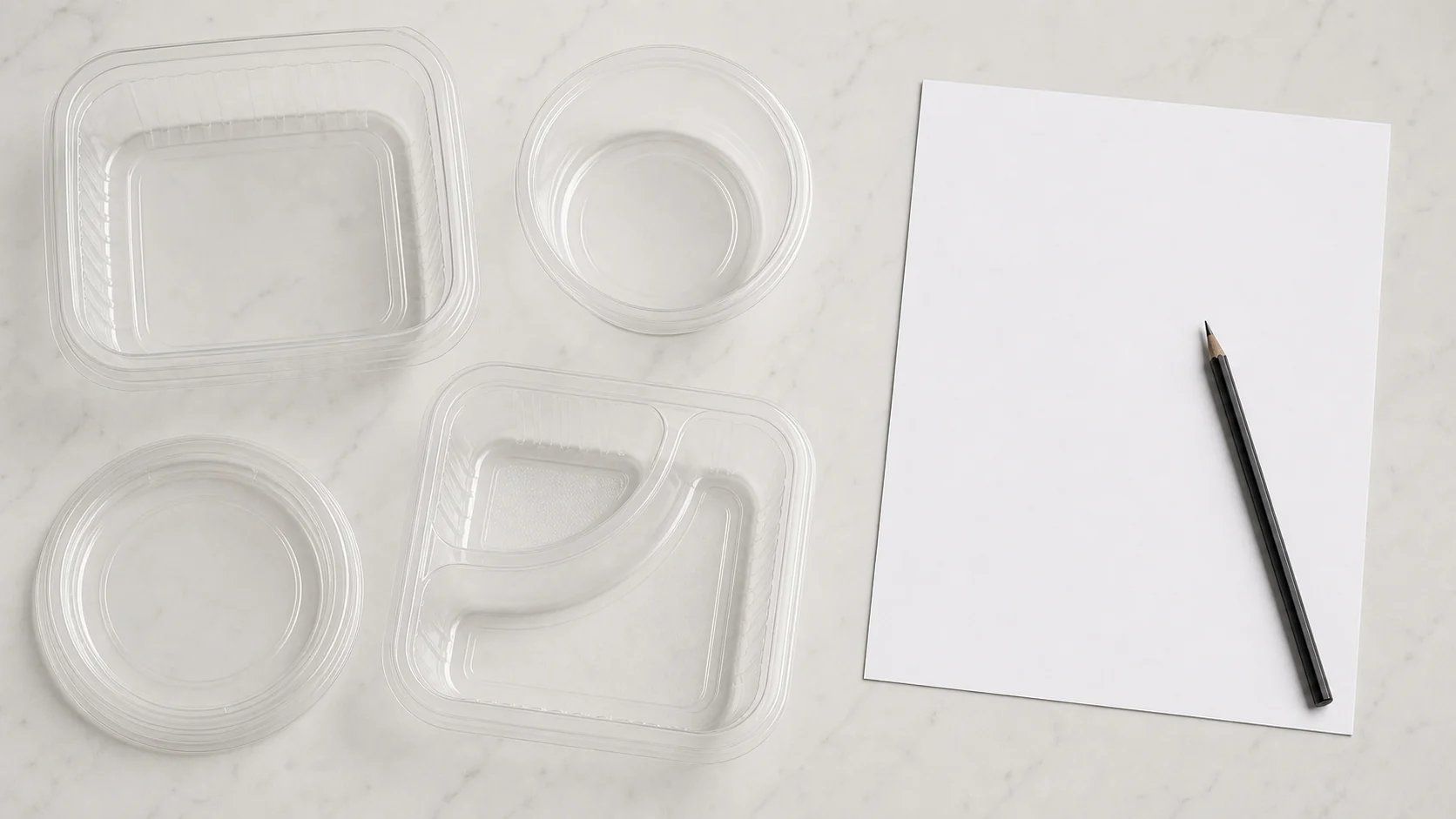 Unbranded salad container samples beside a blank sourcing brief.