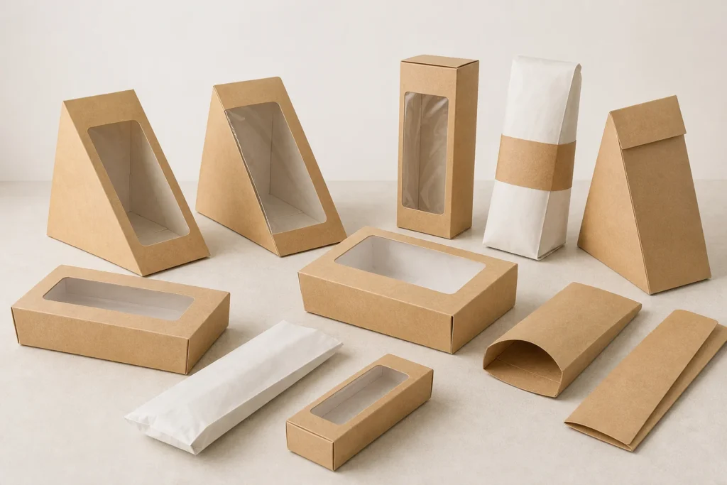 Empty unbranded sandwich boxes wraps and window boxes arranged for a packaging system brief