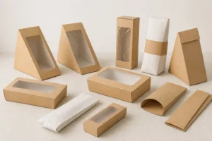 Empty unbranded sandwich boxes wraps and window boxes arranged for a packaging system brief