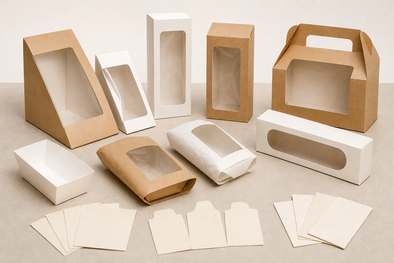 Empty unbranded sandwich boxes and blank sample cards for specification review