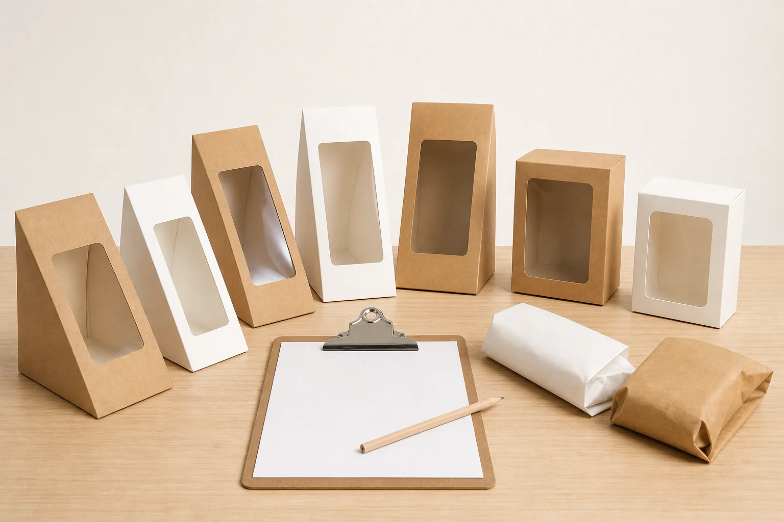 Empty unbranded sandwich packaging with blank clipboard for delivery trial review
