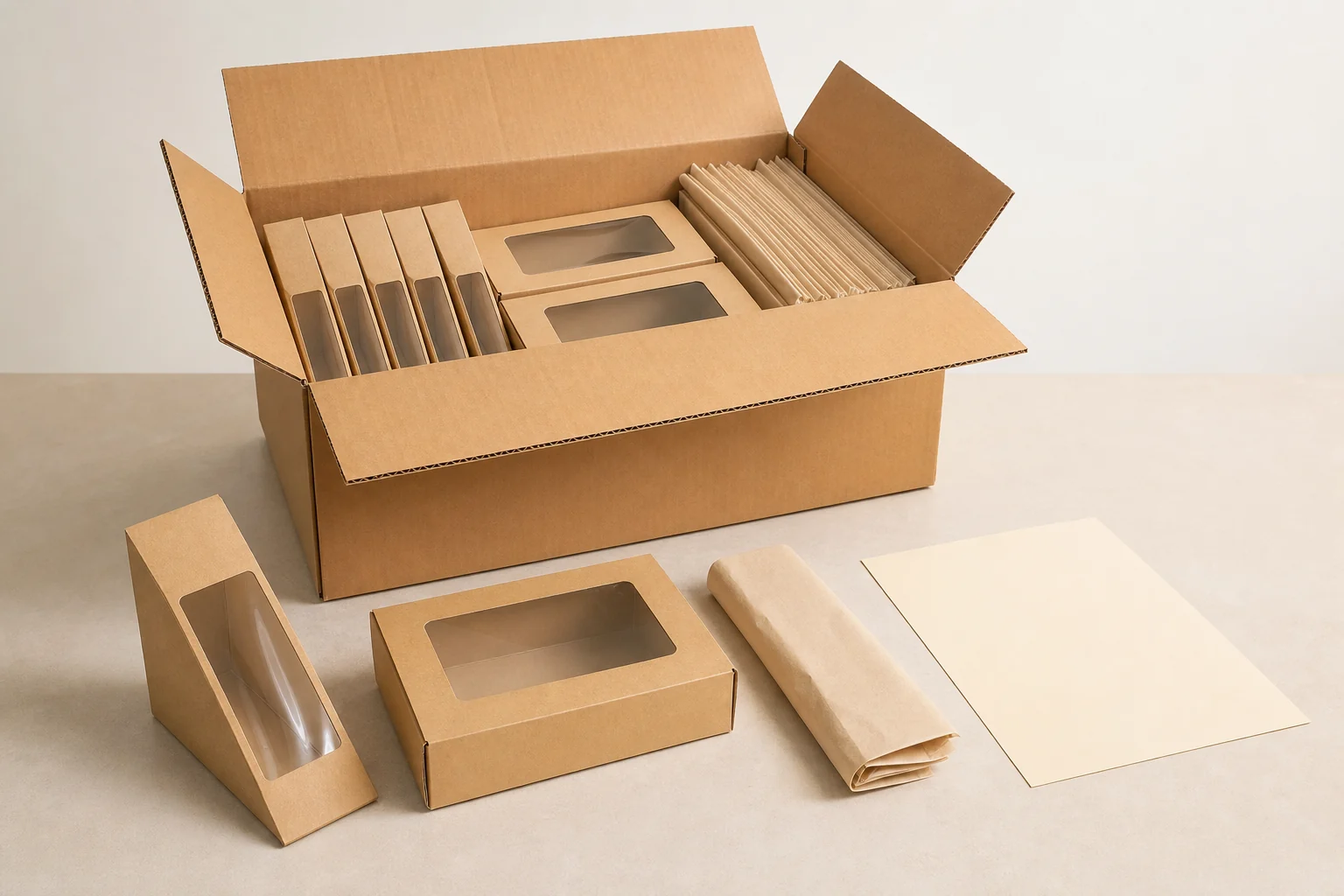Open plain carton with empty unbranded sandwich packaging for receiving inspection
