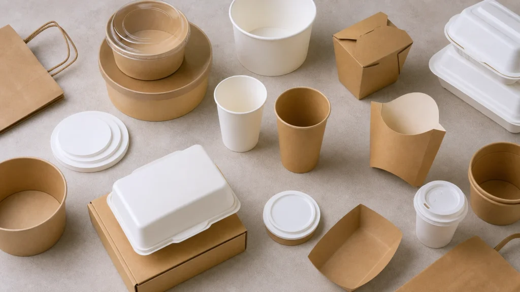 Empty unbranded food packaging components arranged for a sustainable claim review