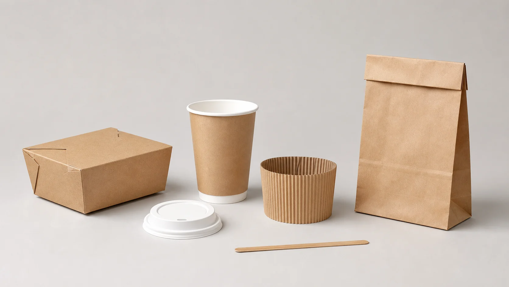 Empty unbranded container cup lid sleeve and bag separated for component review